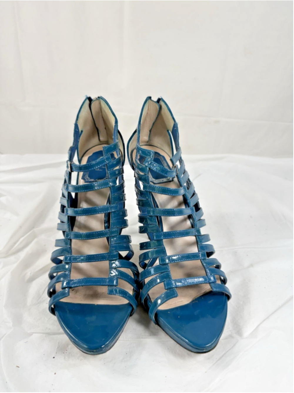 CHRISTIAN DIOR Blue Patent Leather Caged Strappy Heel Sandals size 39.5